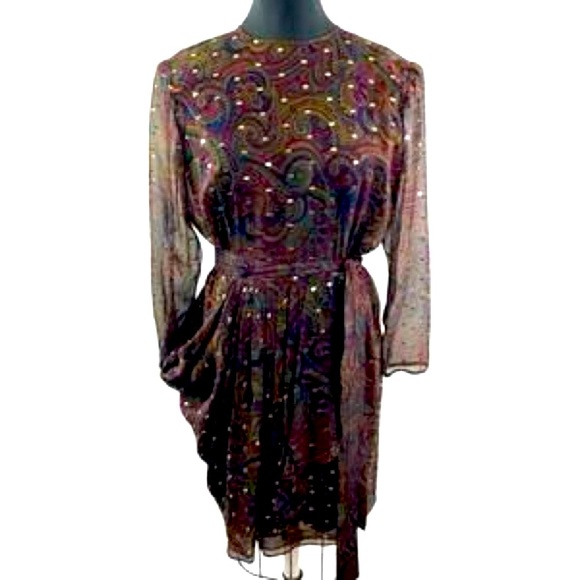 80s Art Deco 100% SIlk Chiffon with Heat Set Palliettes Dress 10 - Picture 1 of 10